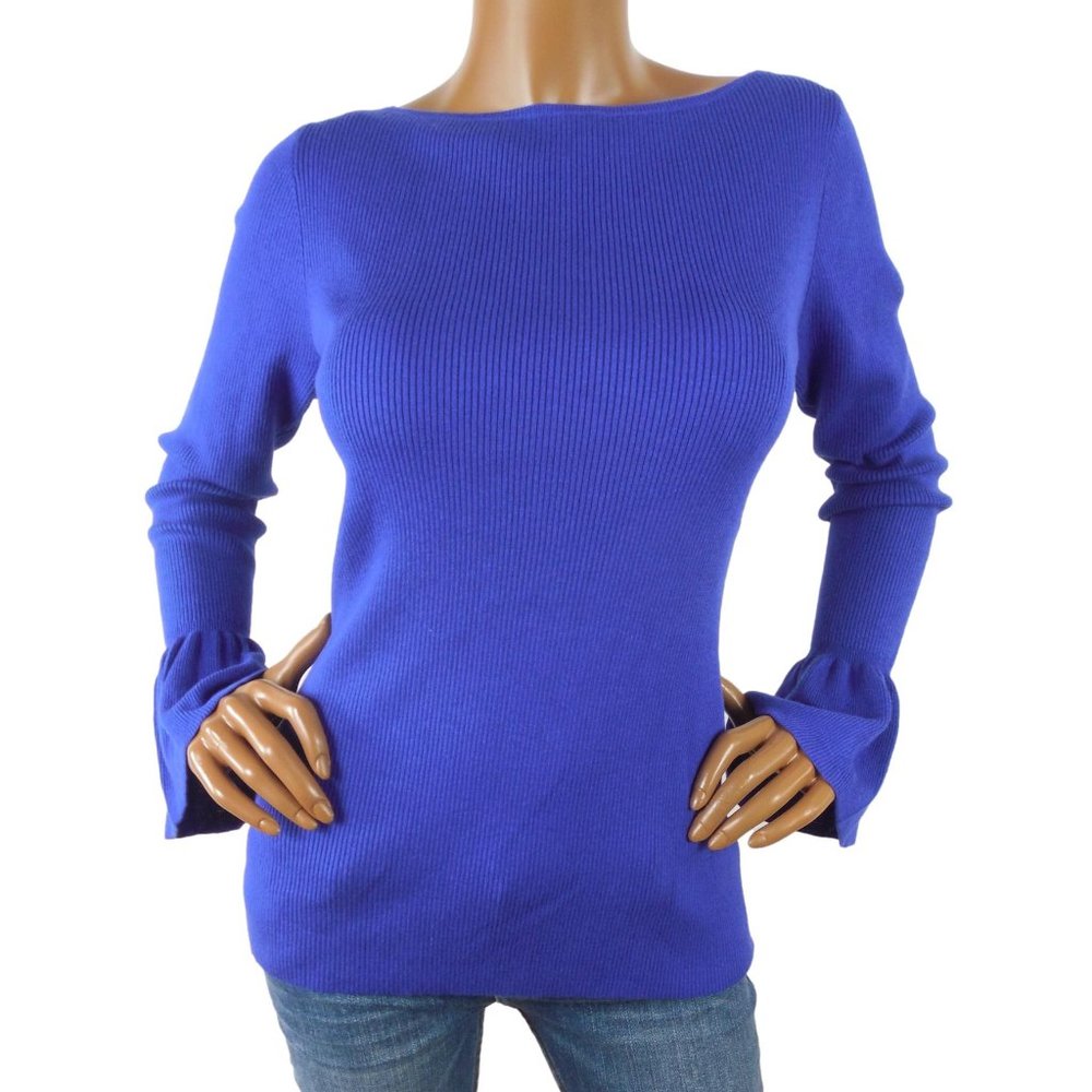 RALPH LAUREN Top L NWT Blue Sweater Long Bell Sleeves Casual Party Stretch Rib - Picture 2 of 8